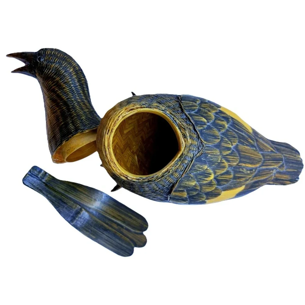 Vintage Chinese Bird Trinket Box Handcrafted Wicker Bamboo Estate Prize 9